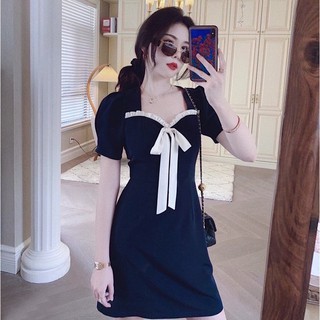 Đầm váy freesize xanh đen phối trắng