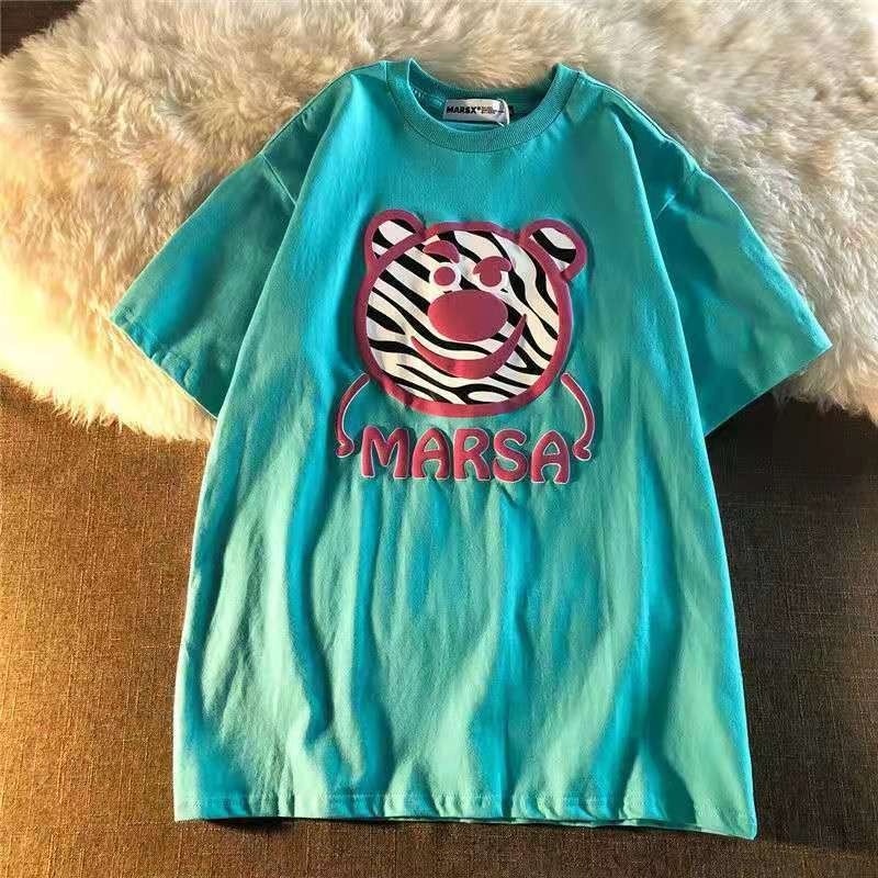 Áo Thun Ngắn Tay Dáng Rộng In Hình Gấu Dâu Tây Phong Cách Hàn Quốc Mới