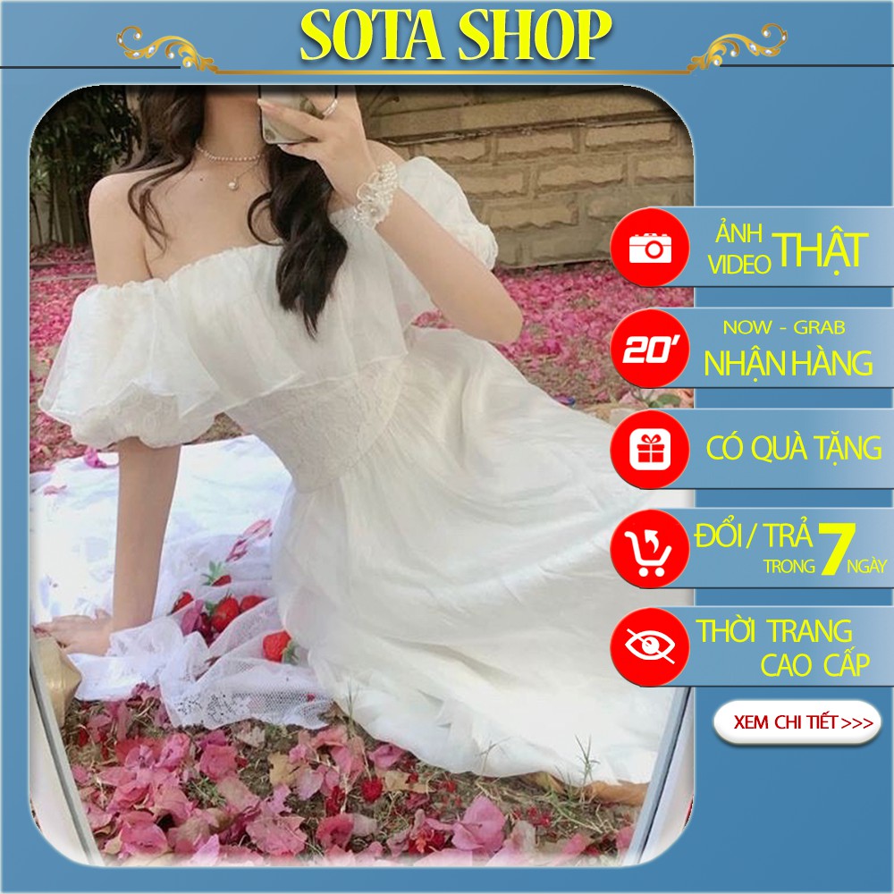 Đầm váy nữ dự tiệc trắng cổ vuông tay xòe chất Lụa mịn siêu xinh đẹp đầm trễ vai trắng siêu xinh Sota Shop