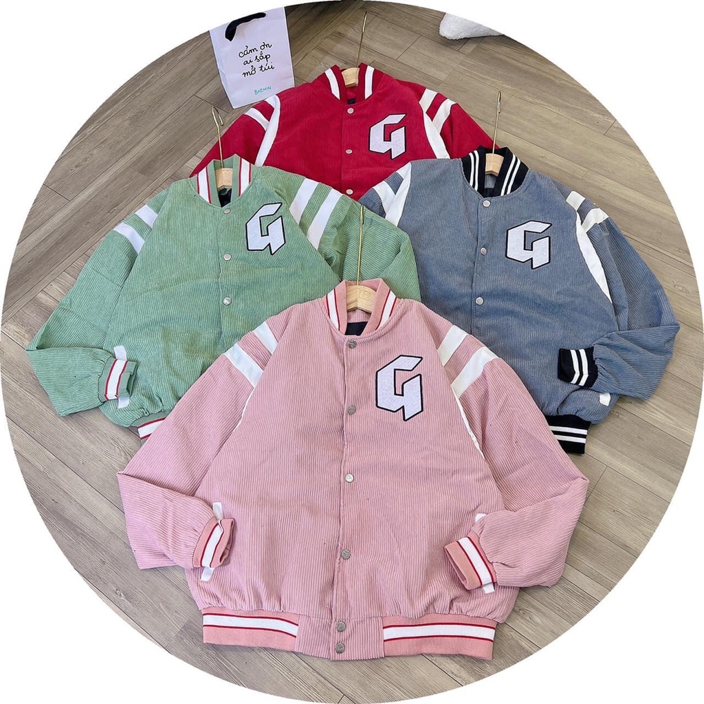 Áo Khoác Bomber Nhung Gân Tăm Thêu 𝐆 𝐍𝐠𝐮𝐲𝐞̂𝐧 Jacket Varsity GONZ Unisex Form Rộng Nam Nữ Ulzzang NUPAKACHI