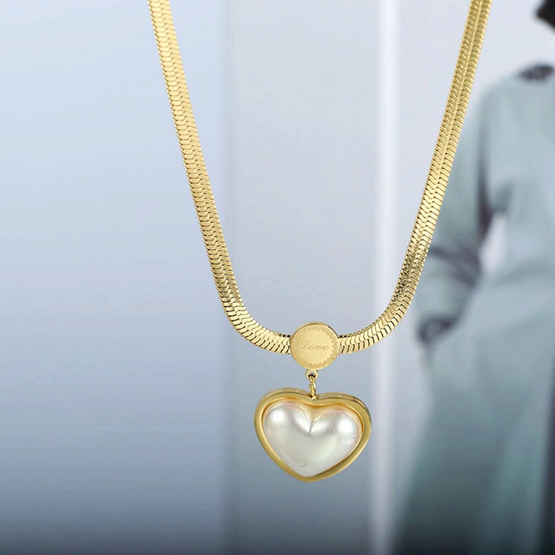 vòng cổ Titan nữ Mặt dây chuyền Ngọc trai tim Chống gỉ Vàng 18k Phụ kiện thời trang thanh lịch Hàn Quốc