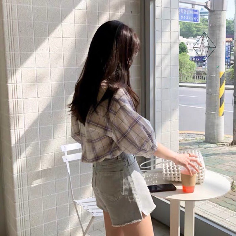 Áo sơ mi kẻ nữ cổ tàu style ulzzang