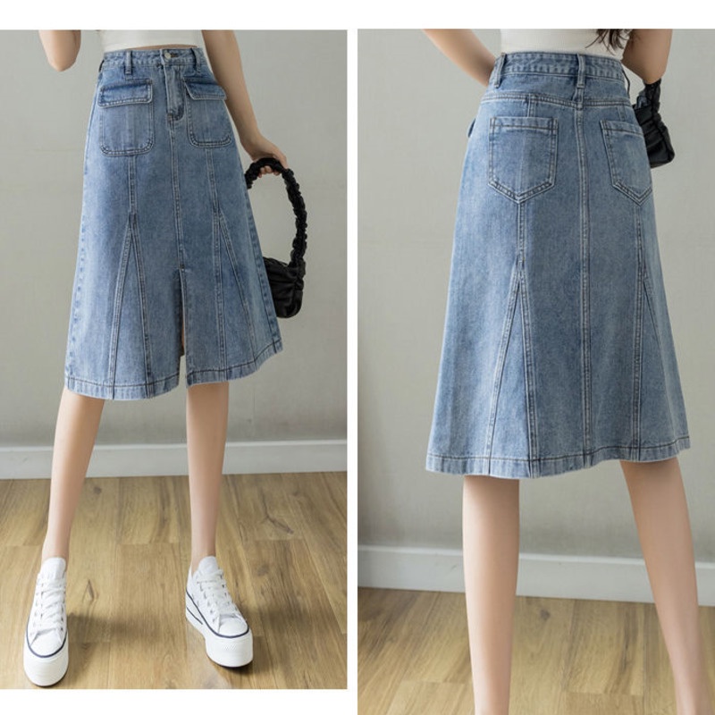 Chân váy denim RENJIANVSHENG dáng chữ A lưng cao phong cách Hàn Quốc thời trang cho nữ