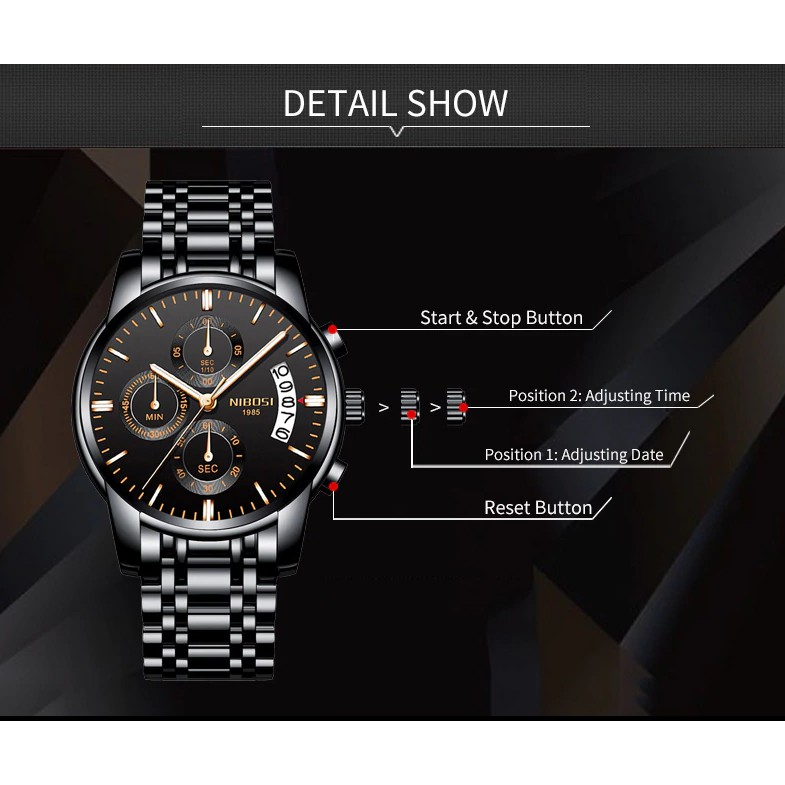 Đồng hô nam 6 kim dây thép đặc Nibosi 2353