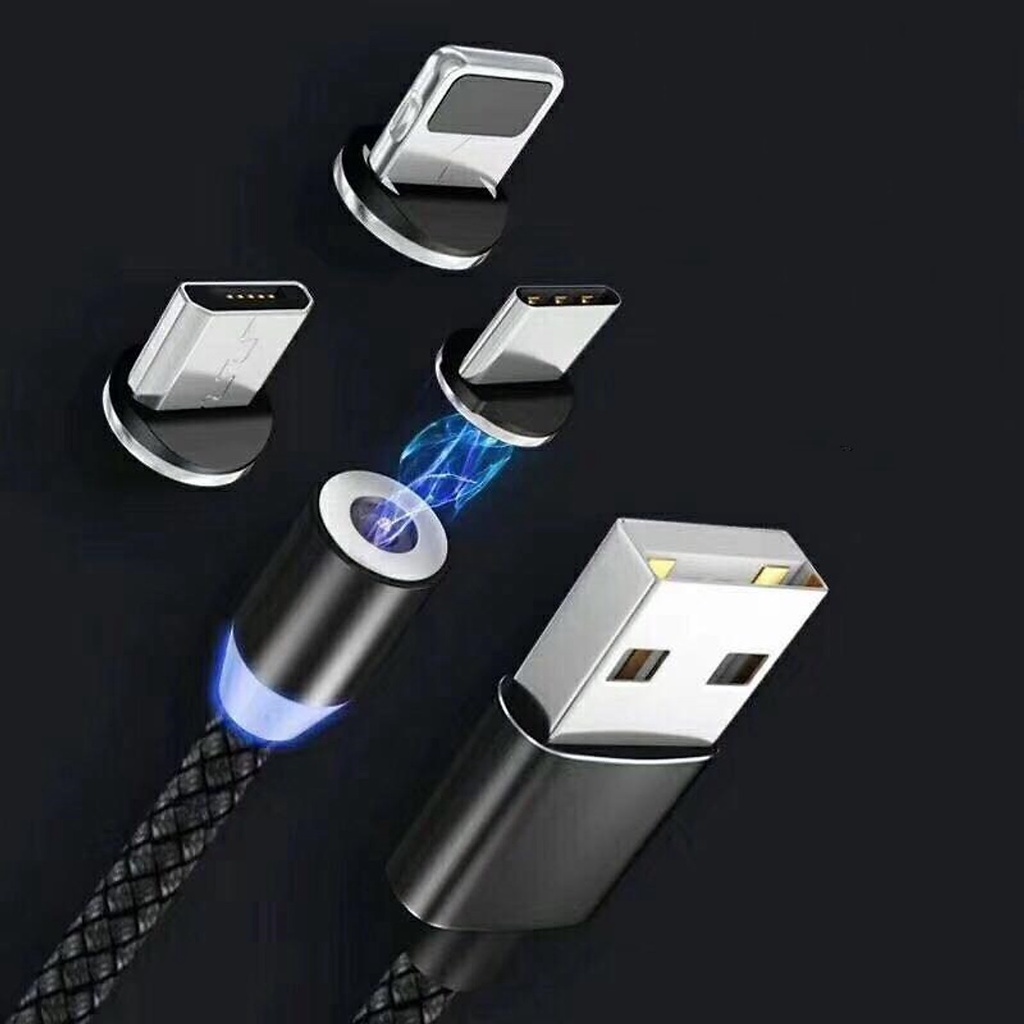 Dây Cáp Sạc Nhanh Nam Châm 3 Đầu Iphone/ micro USB/ Type C Xoay 360 Độ Dây Dù Có LED Cao Cấp