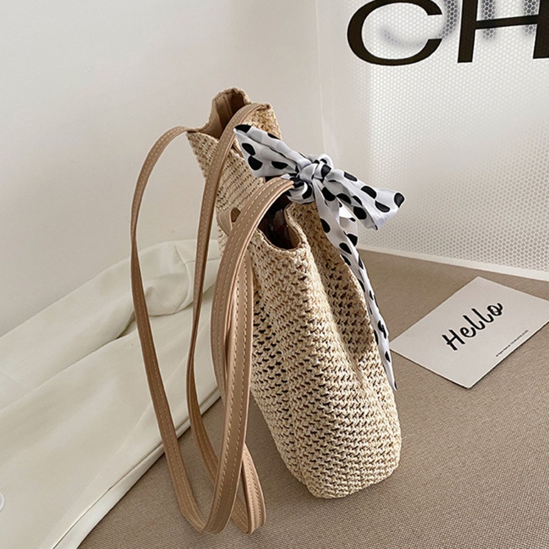 Túi cói xách tay sức chứa lớn thắt dây ruy băng lụa phong cách vintage thời trang dành cho nữ