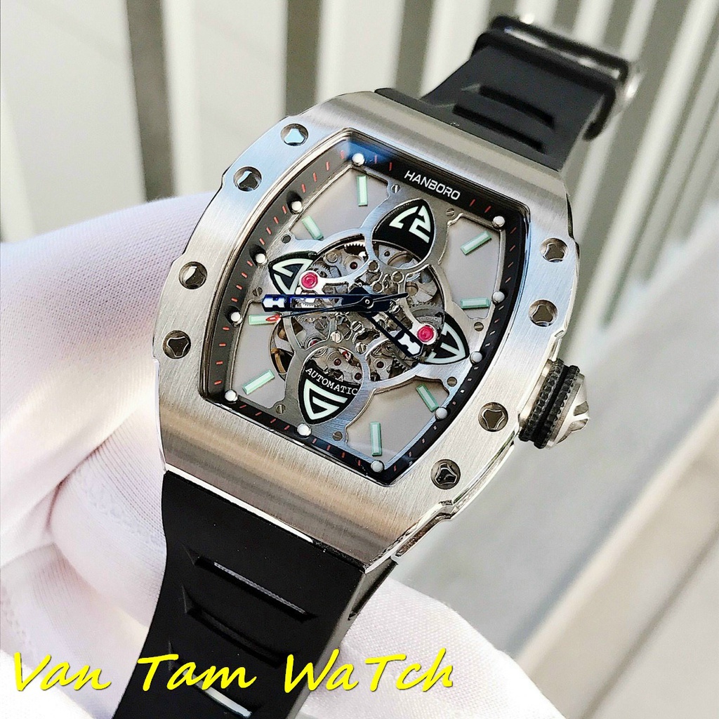 Đồng hồ nam Huboler 40mm máy automatic Thuỵ Sĩ, mặt chữ nhật màu trắng lộ cơ, kim và vạch số phủ dạ quang, dây silicone