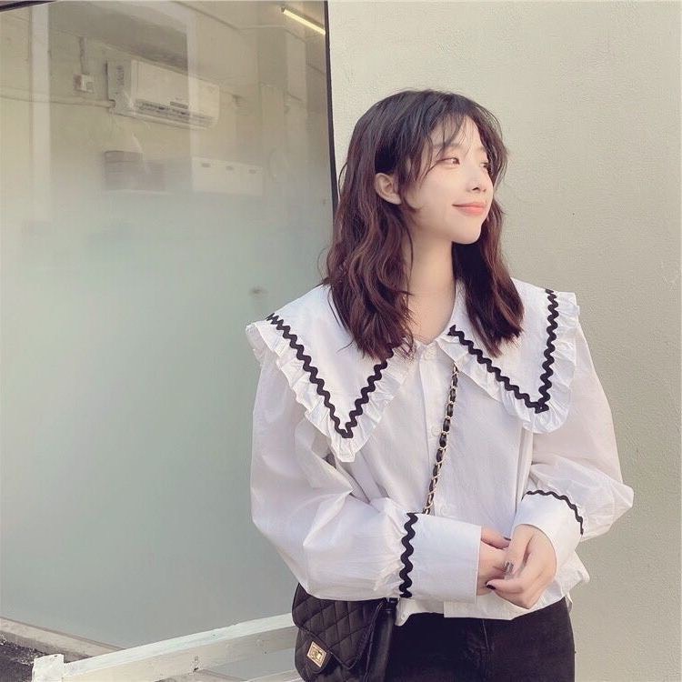 Áo sơ mi trắng cổ bèo viền ren- sơ mi dài tay trơn from rộng oversize tay bồng chất thô mềm phong cách ulzzang hàn quốc