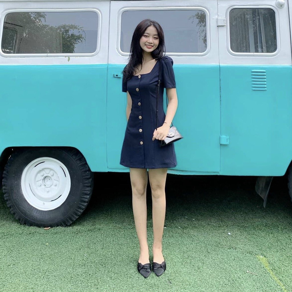 ĐẦM CỔ VUÔNG TAY NGẮN VẢI DÀY 6 NÚT GỖ - dáng chữ A - Sky Of Love Official | BigBuy360 - bigbuy360.vn