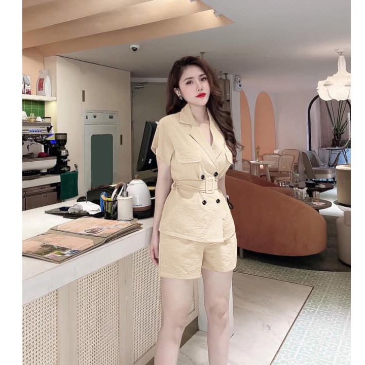 Set Nữ FREESHIP Set nguyên bộ quần short áo 4 nút cổ vest thắt J1095