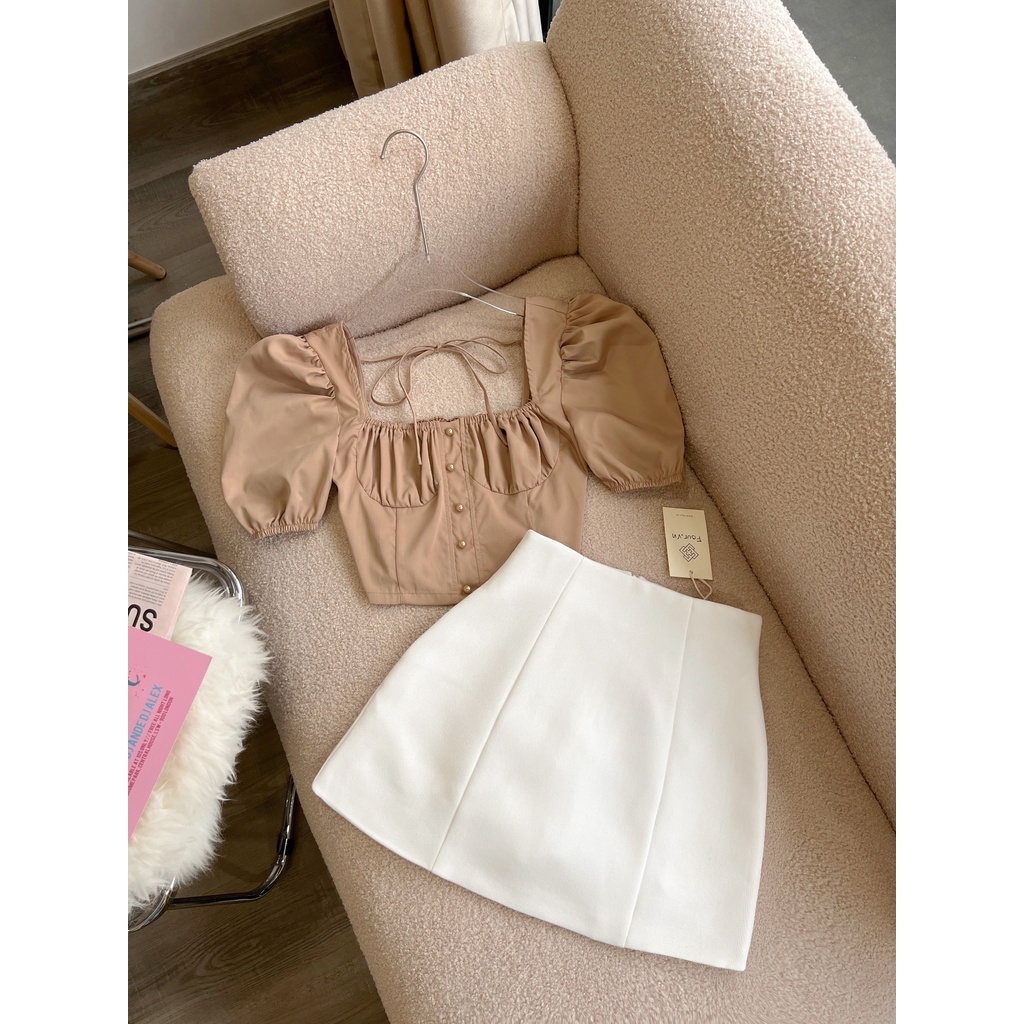 Áo croptop tay phồng đính ngọc trai cao cấp 3 màu Four Lady A19