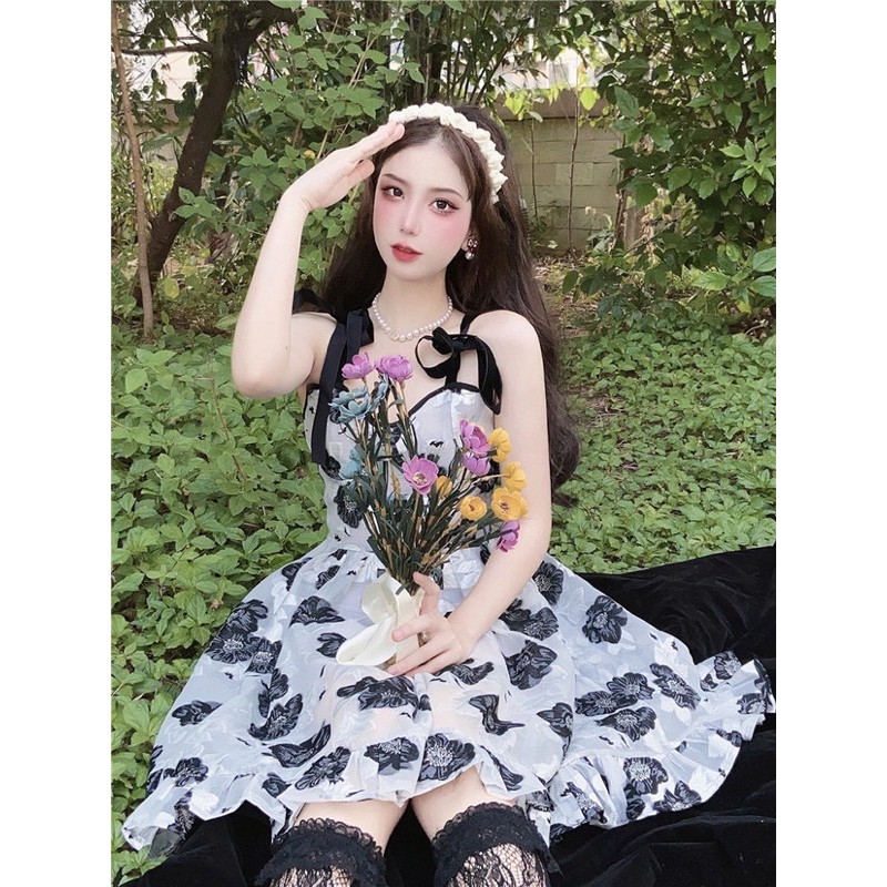 Váy hai dây trắng hoa đen dễ thương công chúa ulzzang Hàn Quốc [Yannie]