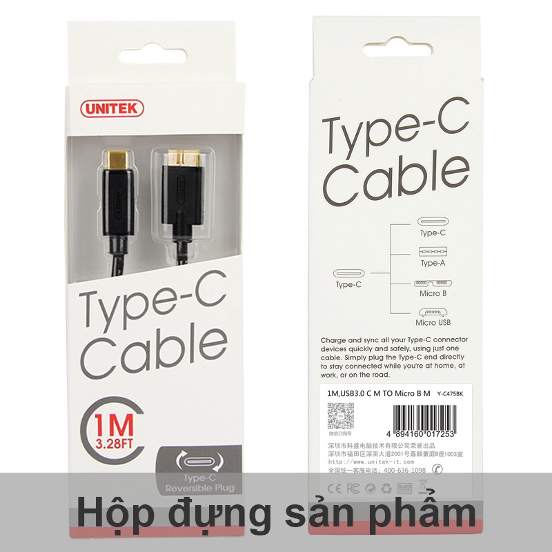 Dây cáp chuyển USB type-C 3.1 sang USB 3.0 Micro B cho SS Not 3 HDD box ổ cứng di động 1 mét UNITEK Y-C475BK | BigBuy360 - bigbuy360.vn