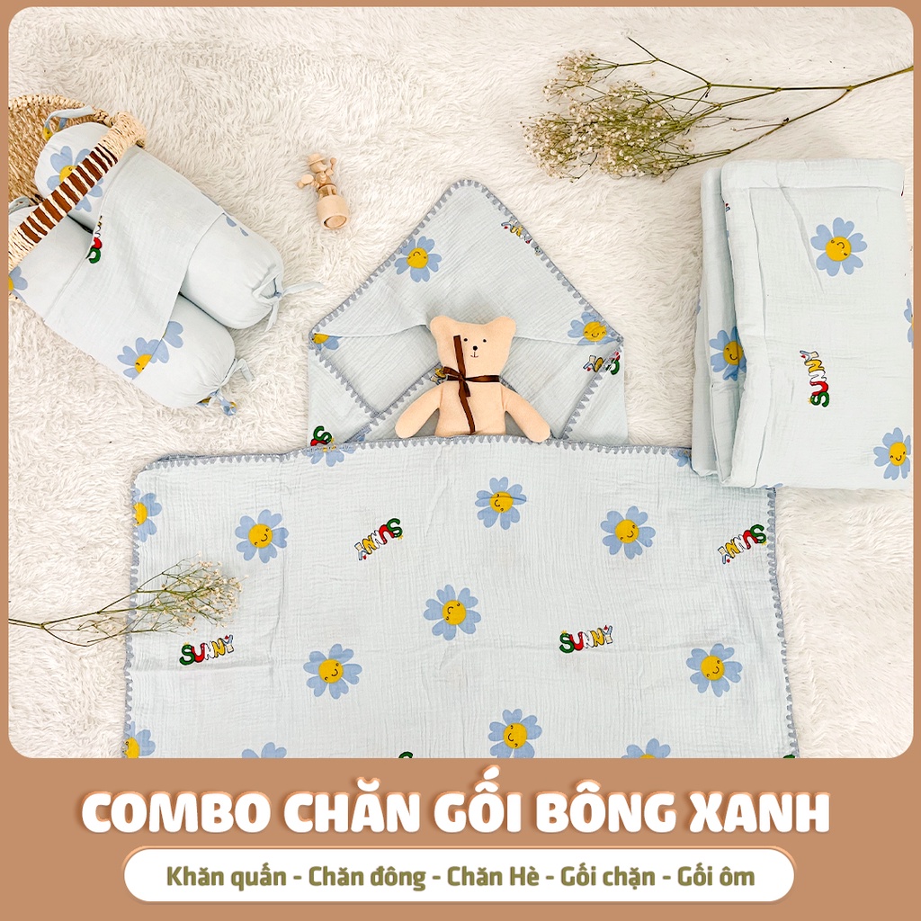 Phụ kiện sơ sinh 5 món cho bé yêu Chilux muslin 100% cotton, chăn đông, chăn hè