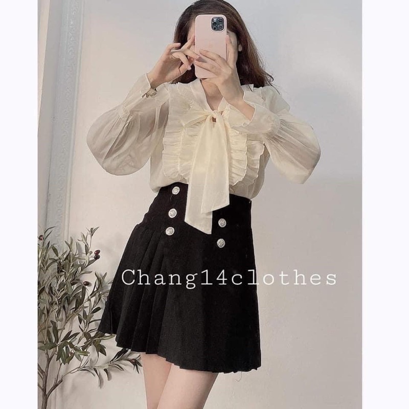 Áo sơ mi voan tơ cổ nơ tay cách điệu B22