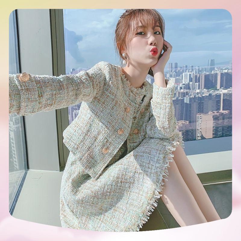 Set váy dạ kèm áo khoác vải tweed màu xanh lạ măt sang chảnh ulzzang