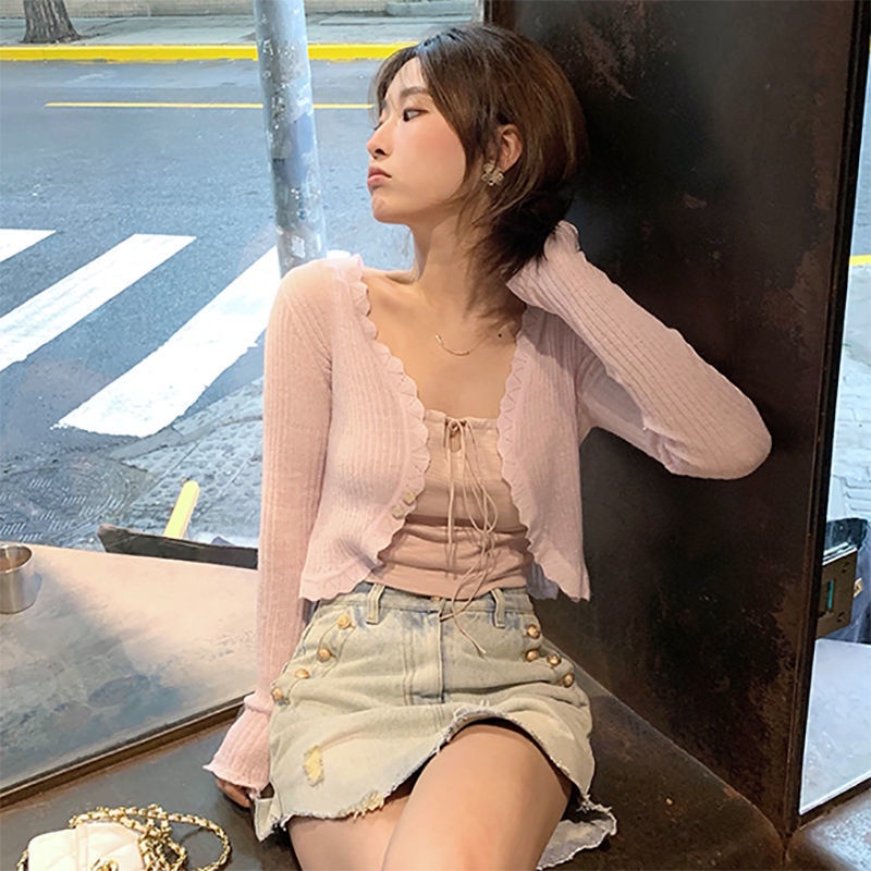 Áo khoác cardigan dệt kim mỏng tay dài eo cao chống nắng dễ phối đồ
