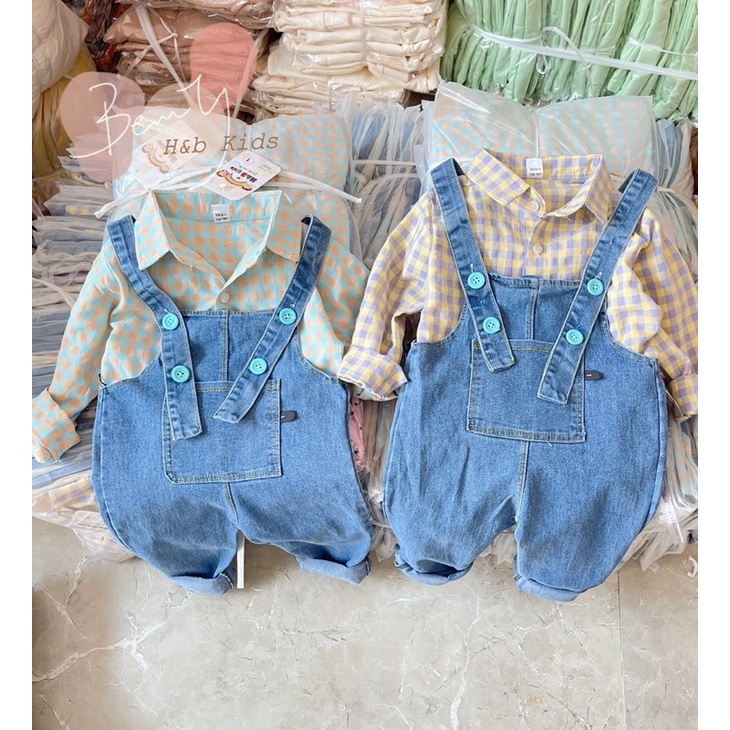 Yếm bò kèm áo kẻ sơ mi cho bé