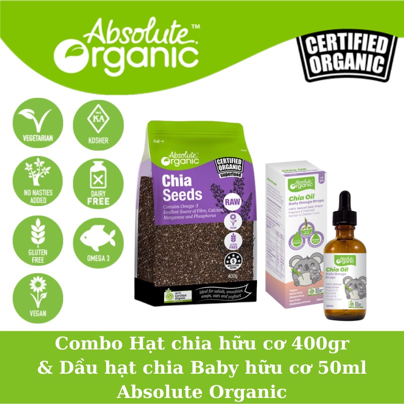 Combo Hạt chia hữu cơ 400gr &amp; Dầu hạt chia Baby hữu cơ 50ml Absolute Organic