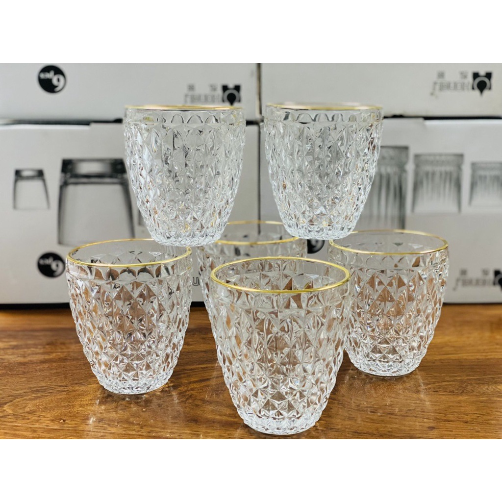 hộp 6 cốc thuỷ tinh viền vàng cao cấp thương hiệu Hongli ( Đế cong )