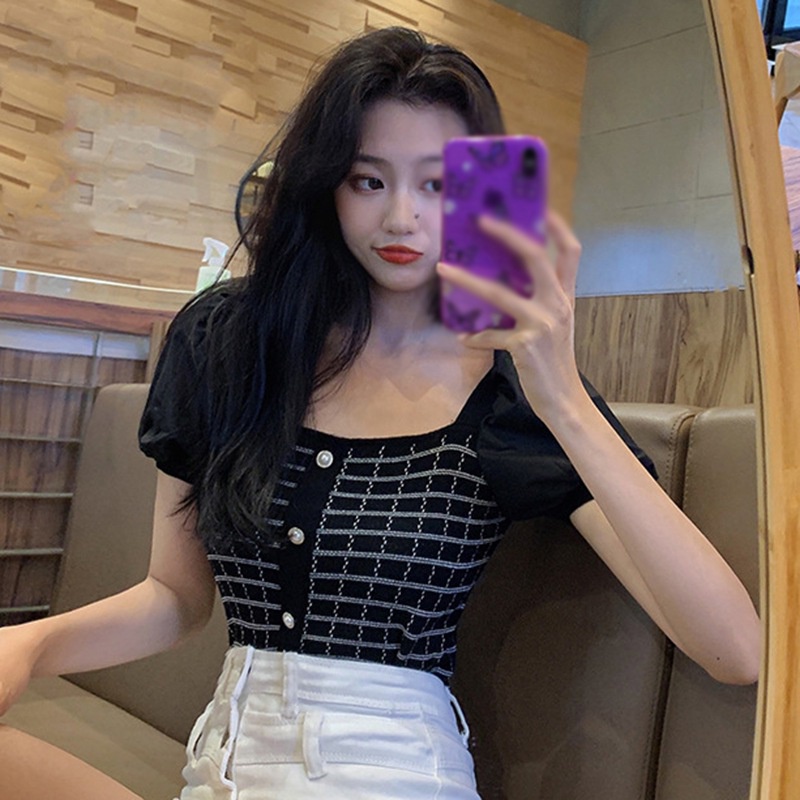 Áo Croptop Tay XòE SọC Caro Xinh XắN Cho Nữ