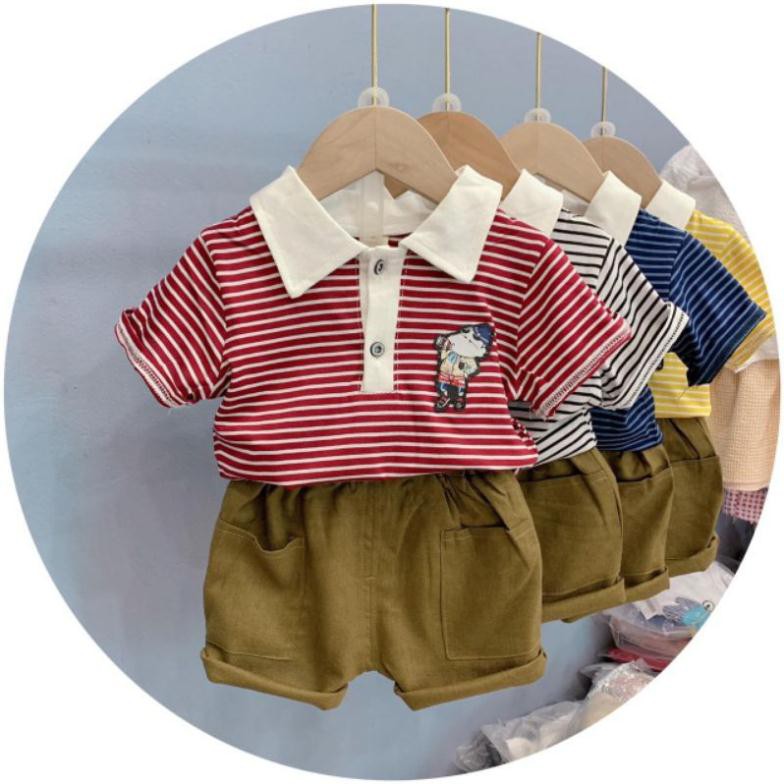 Sét áo cổ bẻ kẻ ngang + quần túi vuông.Bộ quần áo hè cao cấp cho bé