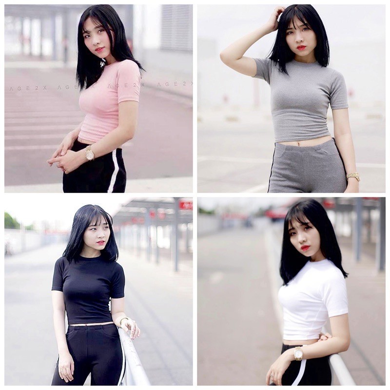 Áo croptop dáng ôm tay ngắn cổ tròn, vải cotton zip xịn xò