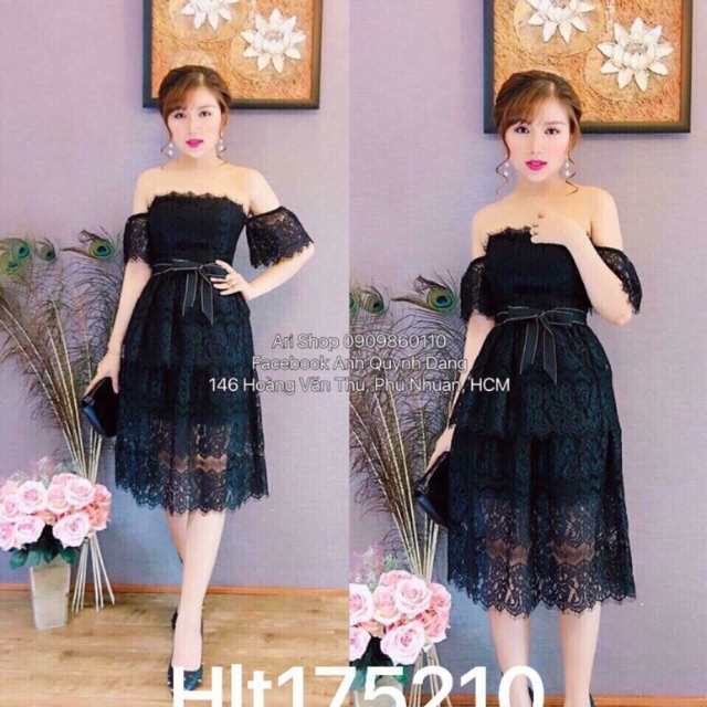 Đầm xoè ren tầng trễ vai có cúp ngực