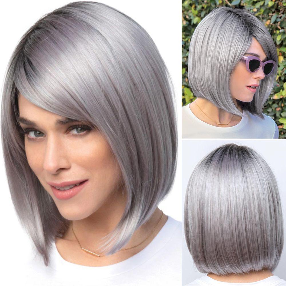 NICKOLAS Bộ Tóc Giả Ngắn Thẳng Màu Xám Bằng Sợi Tổng Hợp Cách Nhiệt