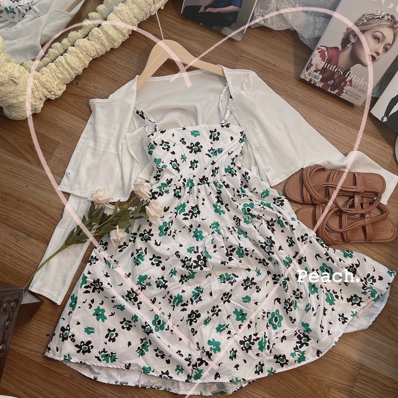 SET ĐẦM HOA XANH + ÁO KHOÁC TRẮNG GÂN