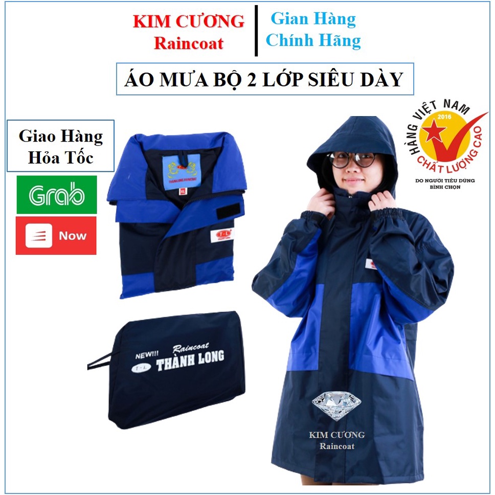 Áo Mưa Bộ KIM CƯƠNG Thời Trang 2 Lớp Siêu Chống Thấm Phối Màu Thời Trang Mũ Có Thể Tháo Rời