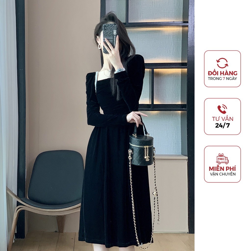 Váy Nhung Viền Ngọc Màu Đen, Thiết Kế Tôn Dáng Sang Trọng