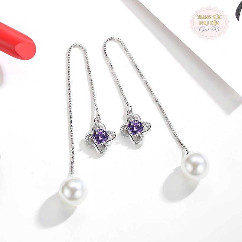 Hoa tai nữ thời trang hạt châu và hoa đá trắng, tím HT151, S925 mẫu mới