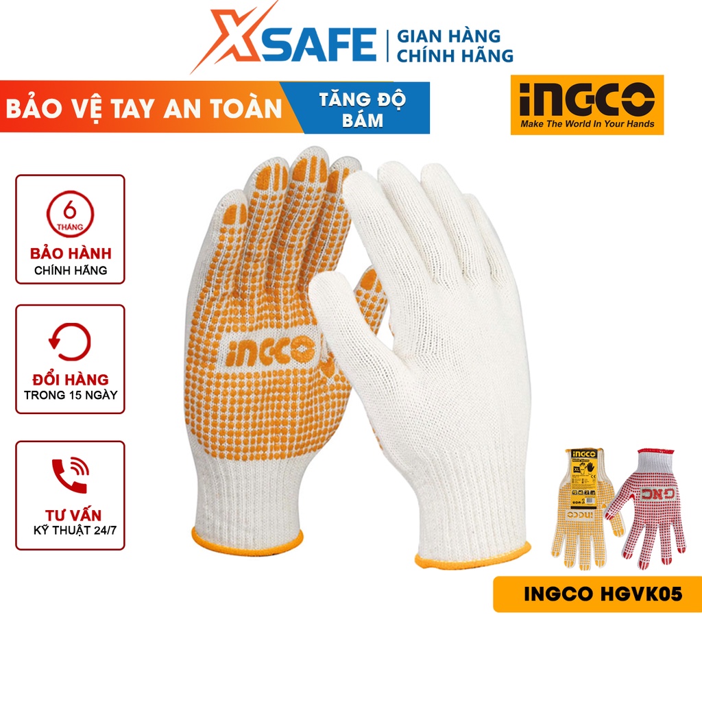 Găng tay bảo hộ lao động dệt kim phủ hạt nhựa PVC INGCO HGVK05 bao tay cotton thoáng khí chống trơn trượt độ bám cao