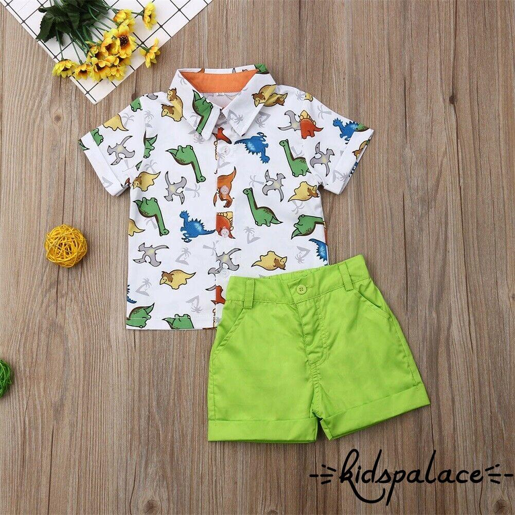 Set áo thun tay ngắn in hoạt hình + quần short màu xanh dạ quang cho bé trai