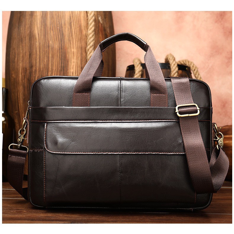 Túi xách cặp da đựng laptop da bò T35 38.5x26x7cm vừa laptop 14inch (Nâu) | BigBuy360 - bigbuy360.vn