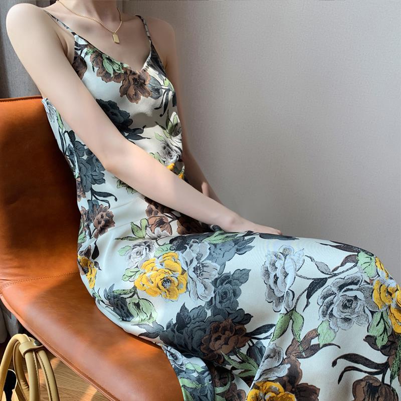 Đầm Dây In Hoa Chất Liệu Satin Cao Cấp Phong Cách Retro Pháp Cho Nữ