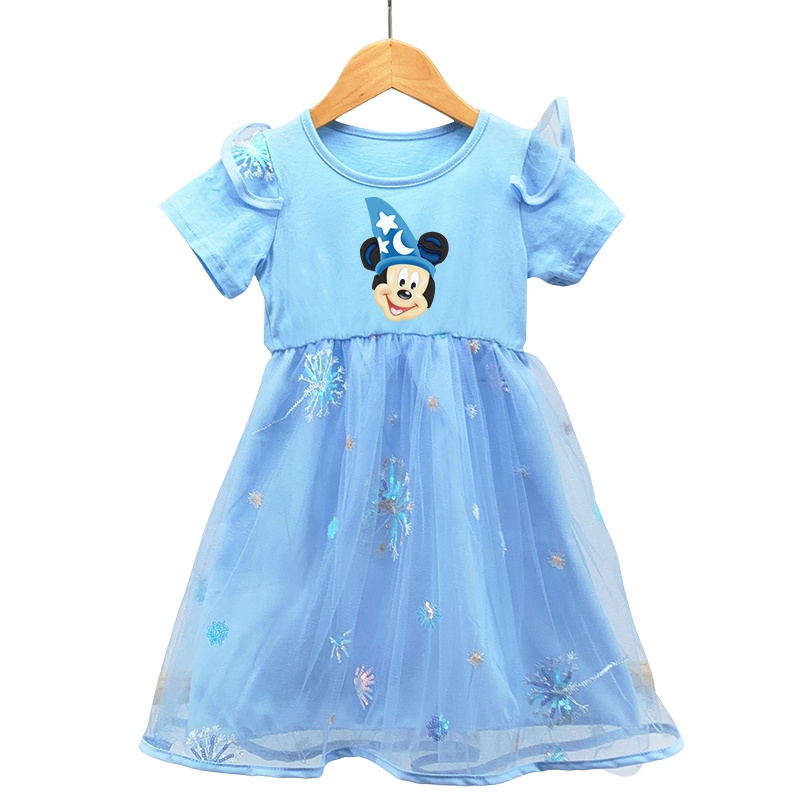 Đầm Cotton Tay Ngắn Phối Lưới Hình Chuột Mickey Lấp Lánh Cho Bé Gái 2-8 Tuổi