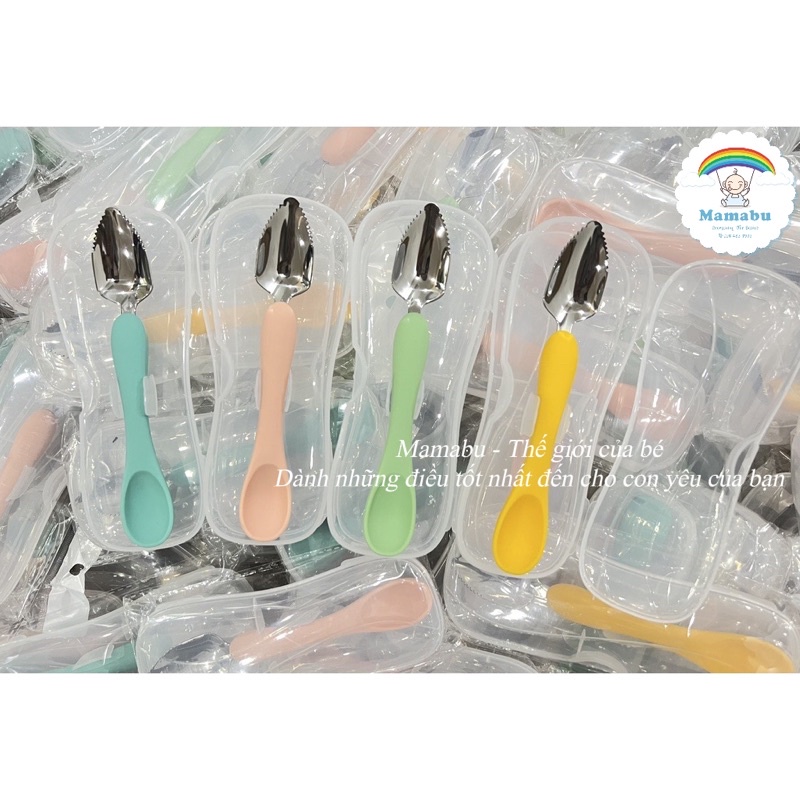 Thìa Muỗng Nạo Hoa Quả 2 Đầu Cho Bé Ăn Dặm Chất Liệu Silicon Và Inox Giúp Nạo Nhỏ Hoa Quả Tặng Kèm Hộp Đựng Mamabu