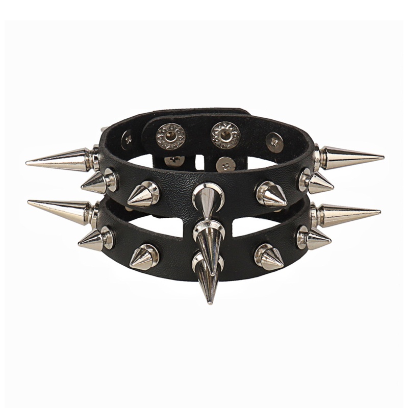 Vòng Tay Da Màu Đen Đính Đinh Tán Kim Loại Dài 23cm Phong Cách Punk Rock Cho Nữ