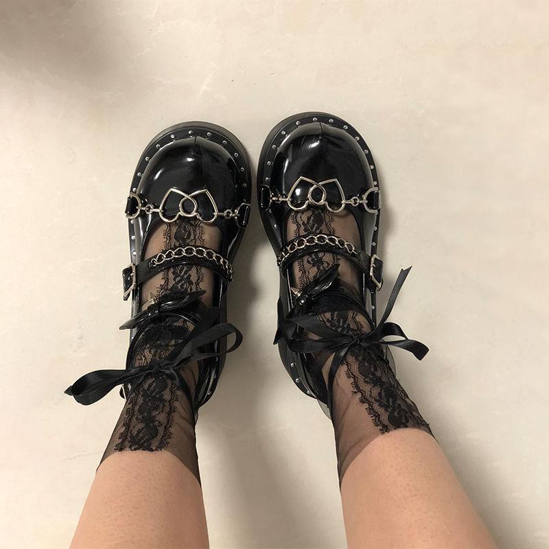Giày Da Bít Mũi Đế Dày Phối Dây Xích Kim Loại Phong Cách Gothic Thời Trang Cho Nữ