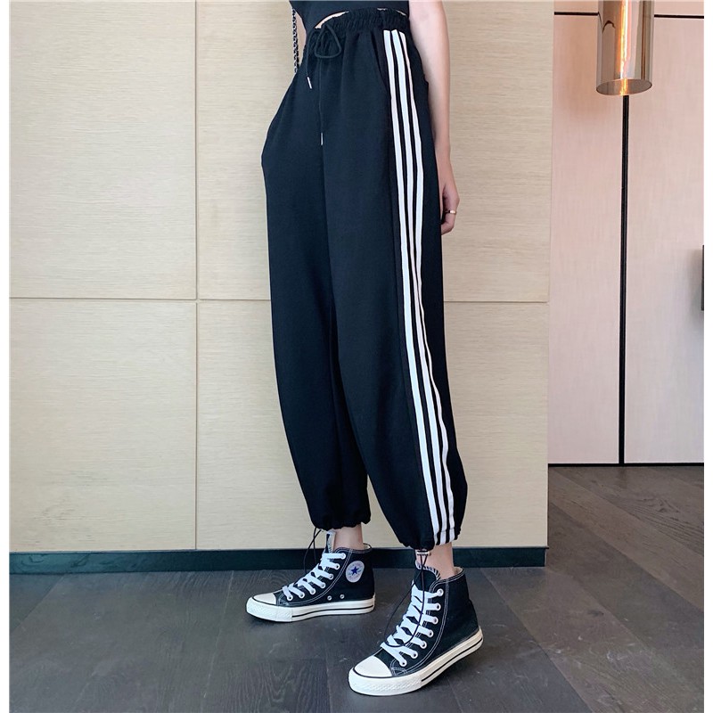 SUXI Quần dài form rộng lưng cao họa tiết kẻ sọc phong cách Hàn Quốc