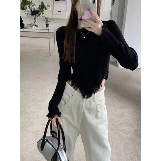 NUZIRO  Áo dệt kim  tay dài cổ tròn màu sắc đơn giản phong cách Hàn Quốc cho nữ