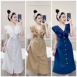 Đầm cổ phối dập li, tay bèo, hình thật