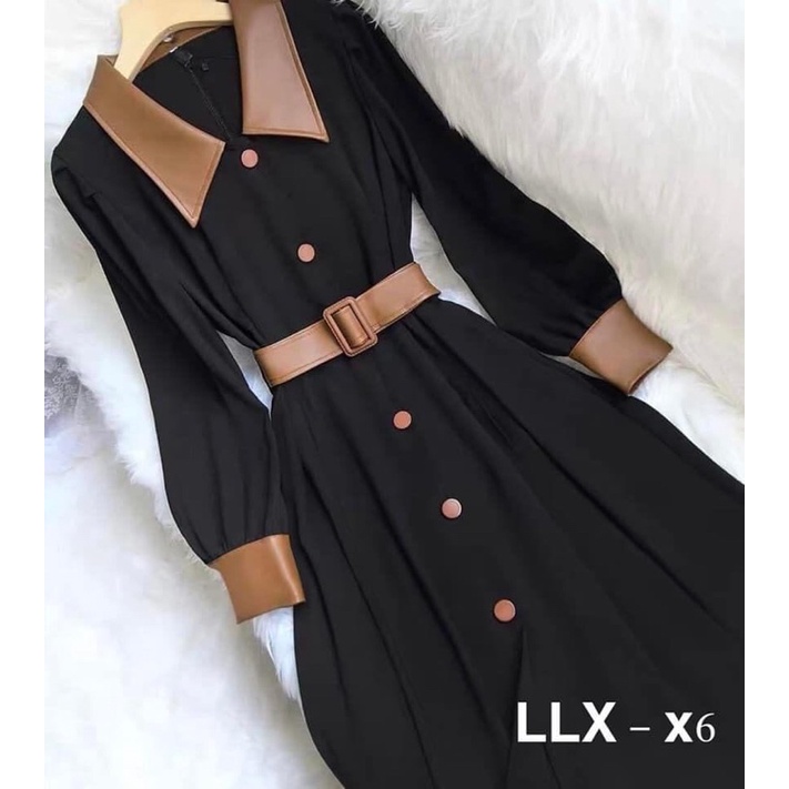 Đầm Nhung Tăm Xanh Coban Phối Da Tay Dài