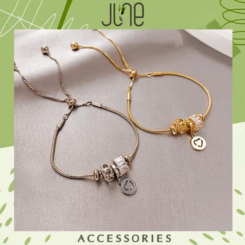 Lắc tay hạt Charm đính đá zircon JUNE có mặt trái tim Vòng tay nữ mặt hạt charm có chốt điều chỉnh kích thước thông minh