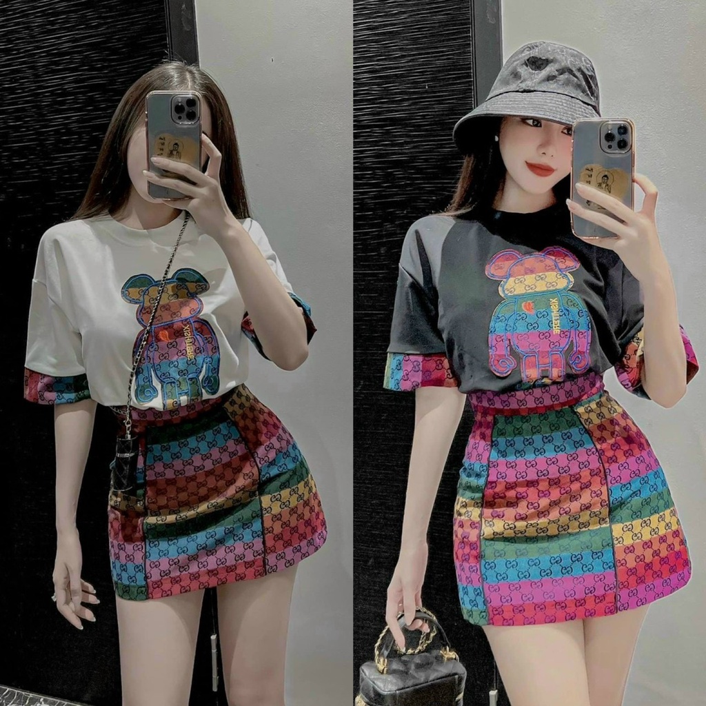 Sét bộ áo phông rộng in hình gấu phối chân váy chữ a in họa tiết có 2 màu như hình thời trang nữ trẻ trung