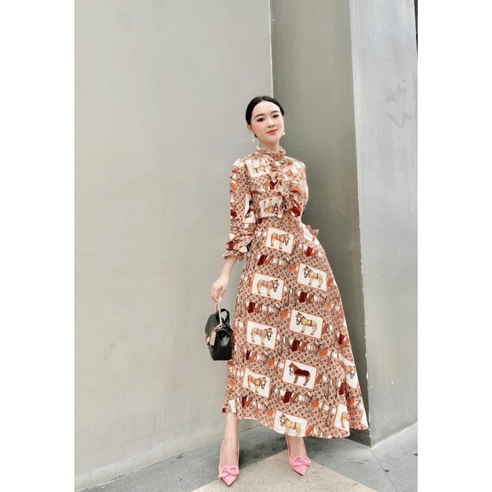 (Free ship) Mẫu Cực HOT-- Mẫu THiết Kế Hợp Thời Trang | Đầm Lụa Cổ Cao Tay Dài In Họa Tiết  UP VLTN Shop