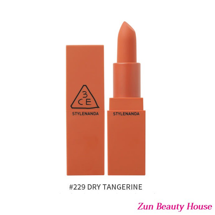 (#229)Son thỏi lì 3CE Lip Color 229 Dry Tangerine- màu cam trầm( màu vỏ quýt khô)