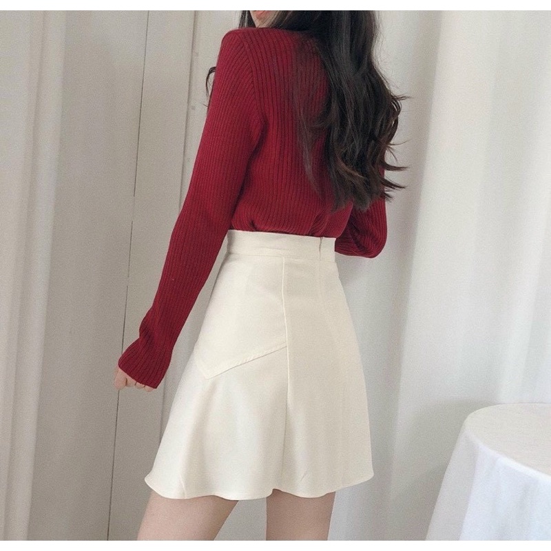 SET ÁO ĐỎ GÂN TAY DÀI NÚT + CHÂN VÁY TRẮNG